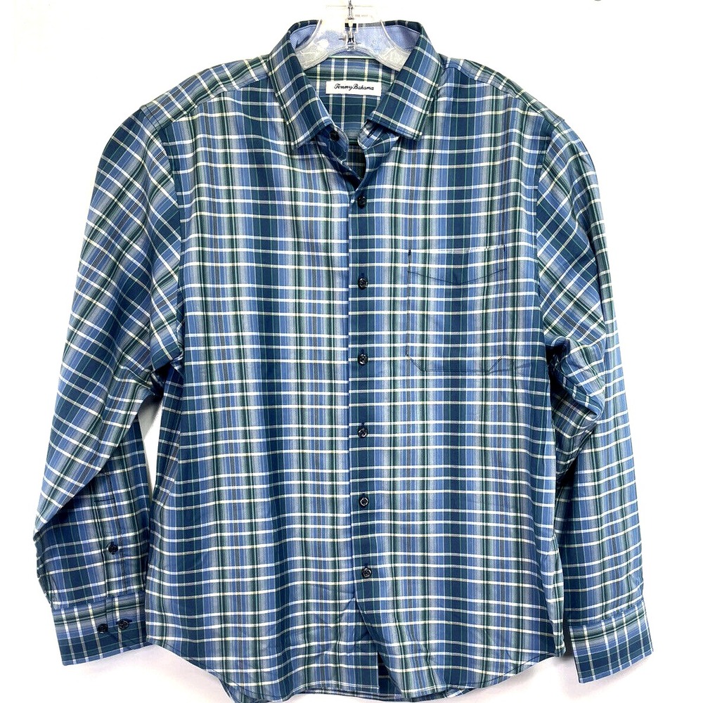 Tommy Bahama Mens Sz Medium Blue Plaid Silk Blend L/S Shirt (H26) EUC